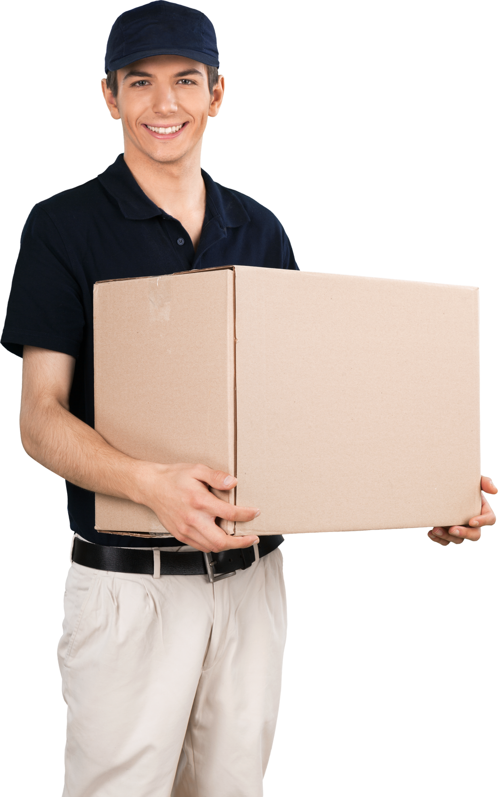 Smiling Deliveryman Holding a Cardboard Box