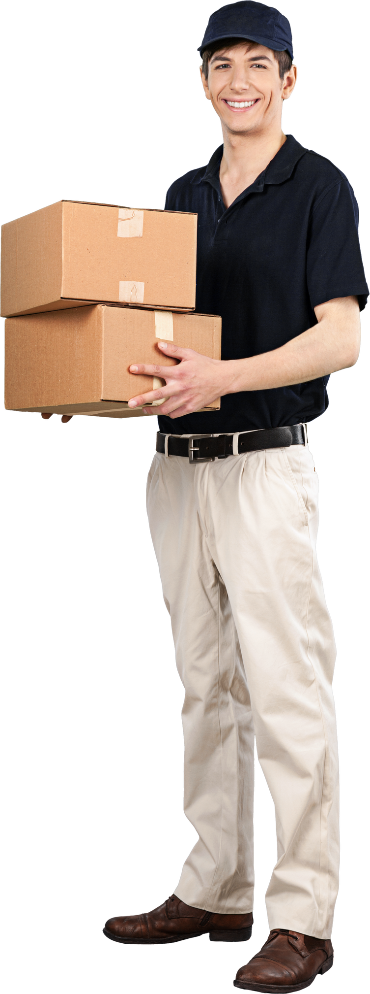 Smiling Deliveryman Holding a Cardboard Boxes