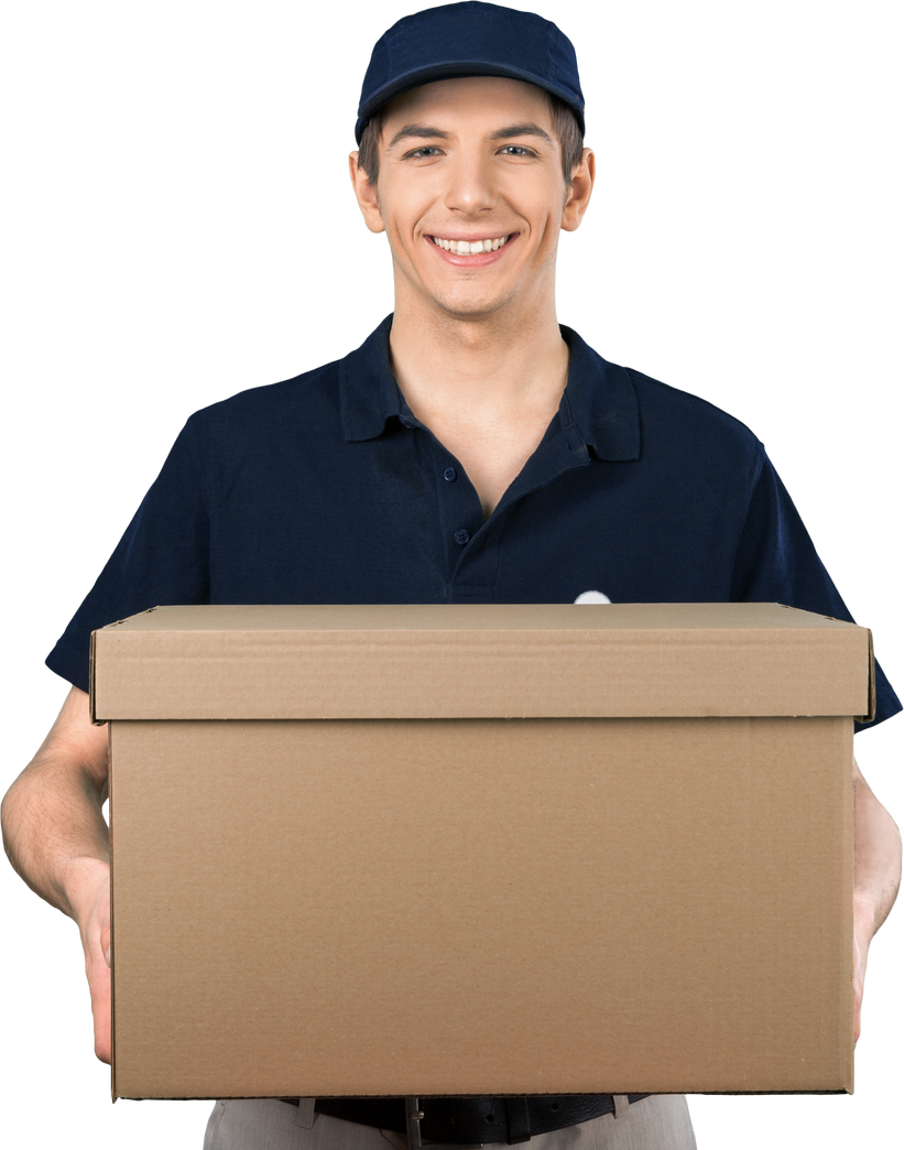 Smiling Deliveryman Holding a Cardboard Box